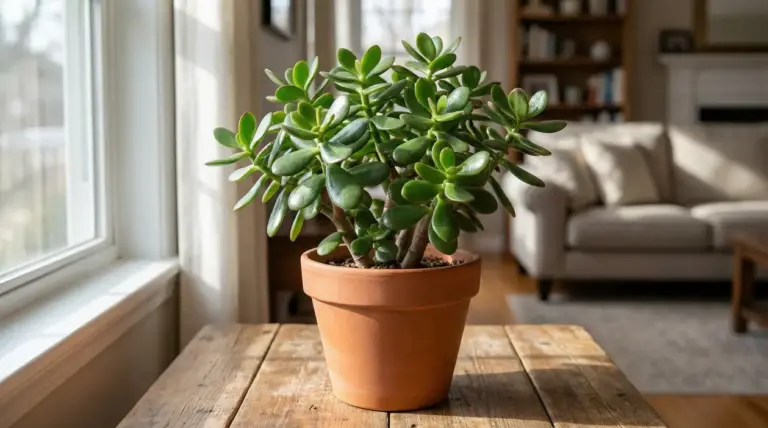 Pianta di albero di giada in vaso su un tavolo di legno vicino a una finestra in salotto