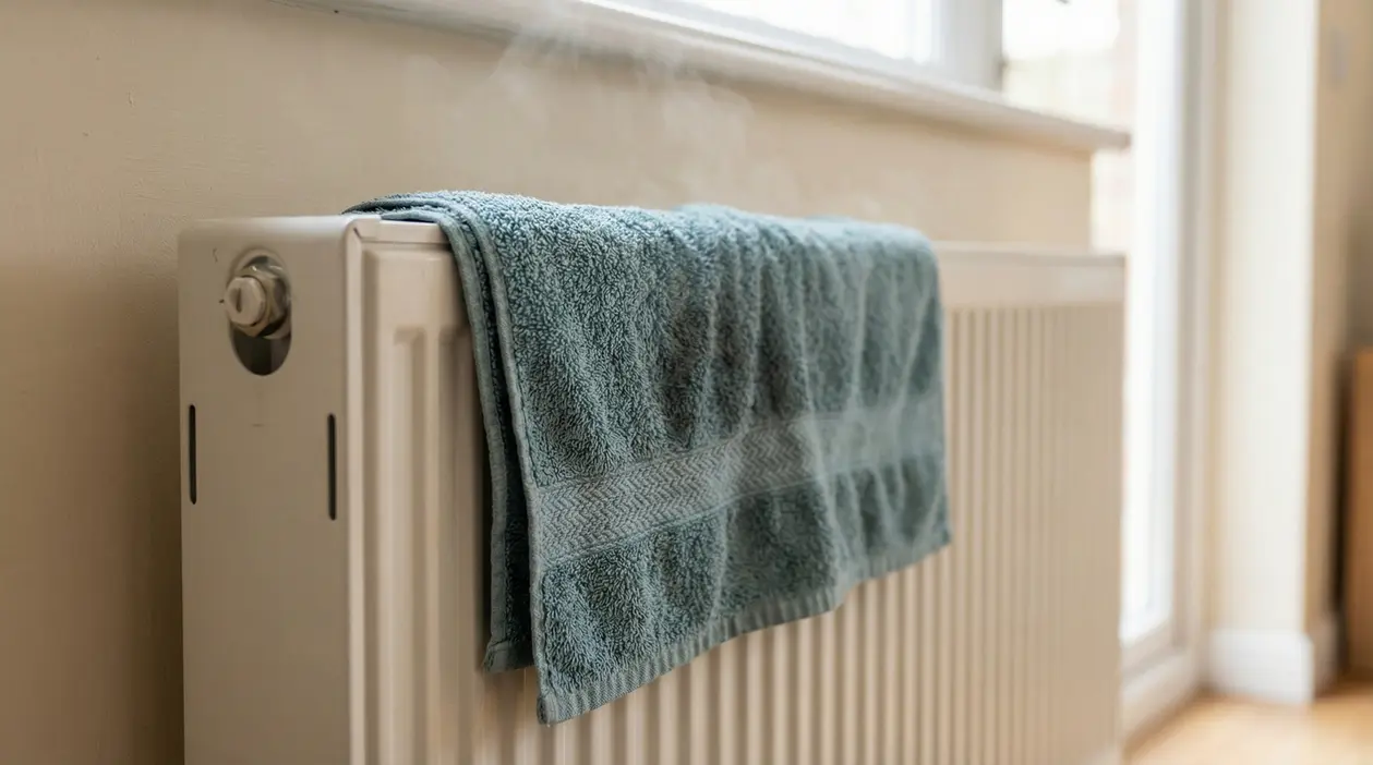 Asciugamano bagnato appoggiato su un termosifone acceso vicino a una finestra