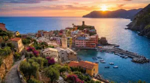 Borgo costiero colorato al tramonto con porticciolo e mare calmo