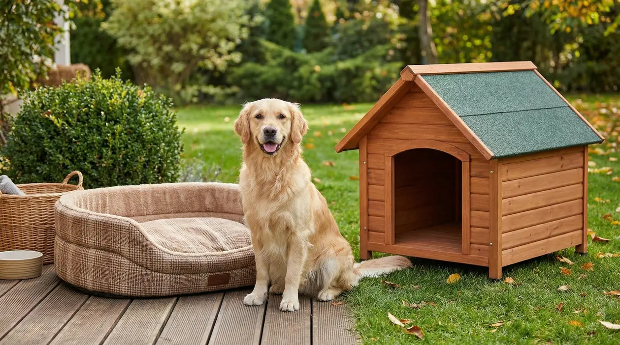 Cane seduto tra una cuccia imbottita e una cuccia in legno in un giardino