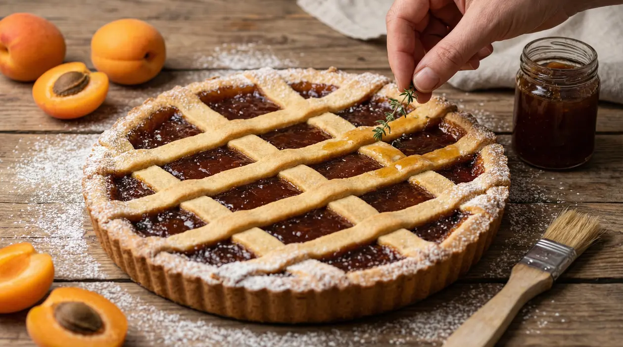 Crostata di marmellata fatta in casa decorata con zucchero a velo e una mano che aggiunge un rametto di timo