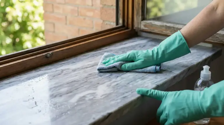 Mani con guanti verdi che puliscono un davanzale in marmo con un panno umido