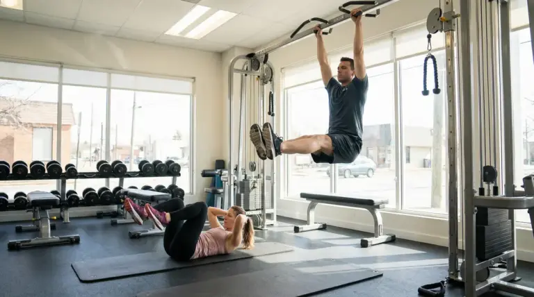 Due persone si allenano in palestra con esercizi per addominali bassi