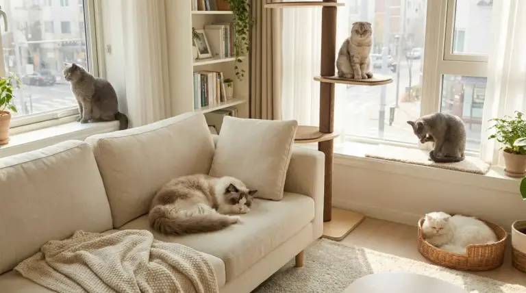 Cinque gatti tranquilli in un salotto luminoso e accogliente con divano e tiragraffi