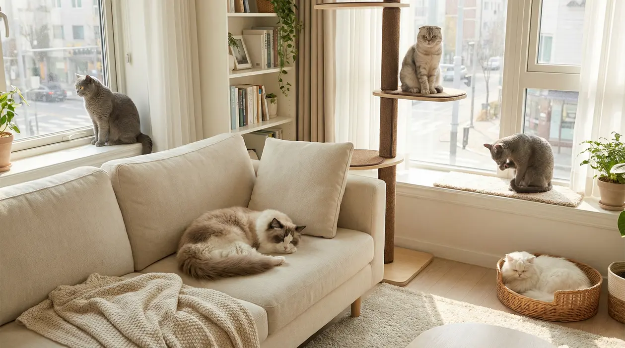 Cinque gatti tranquilli in un salotto luminoso e accogliente con divano e tiragraffi