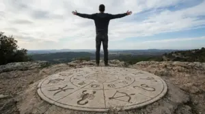 Persona su una piattaforma con simboli zodiacali scolpiti, fronte a un paesaggio montano