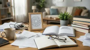 Scrivania con libri, tazze, cavi e un quadro dei segni zodiacali in un ambiente domestico