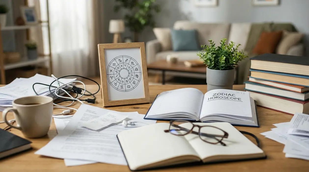 Scrivania con libri, tazze, cavi e un quadro dei segni zodiacali in un ambiente domestico