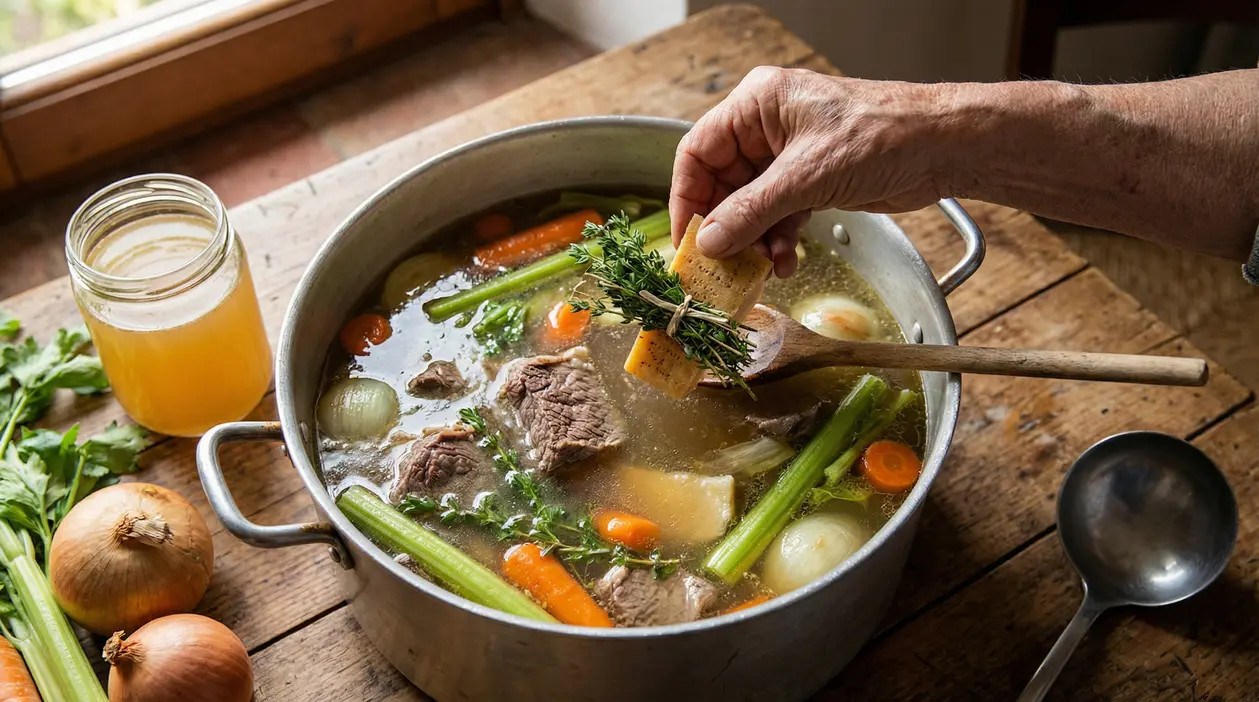 Pentola di brodo di carne con verdure e mano che aggiunge aromi