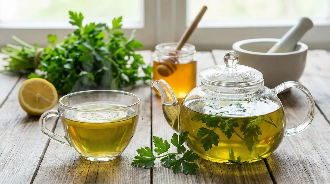 Tazza e teiera di infuso di prezzemolo con limone, miele e mazzetto di prezzemolo su un tavolo di legno