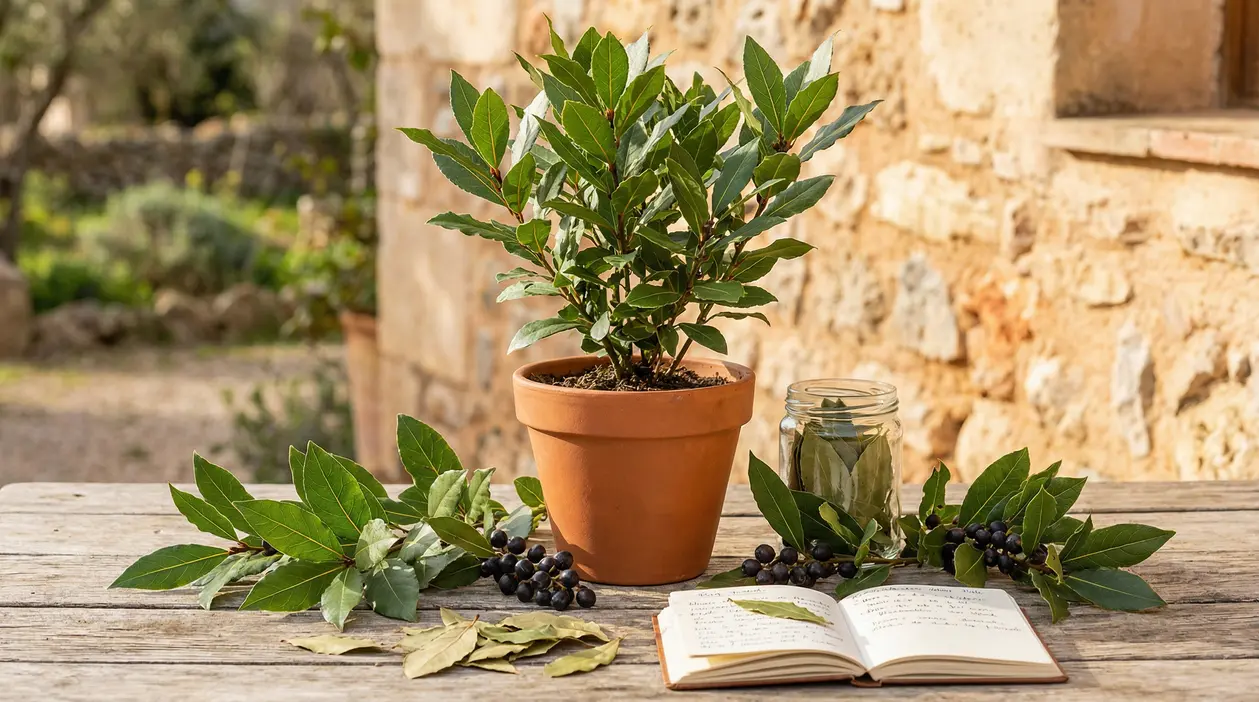 Pianta di alloro in vaso con foglie, bacche e un quaderno su un tavolo all'aperto