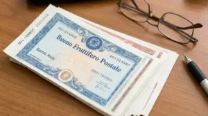 Buoni fruttiferi postali su un tavolo con occhiali e penna