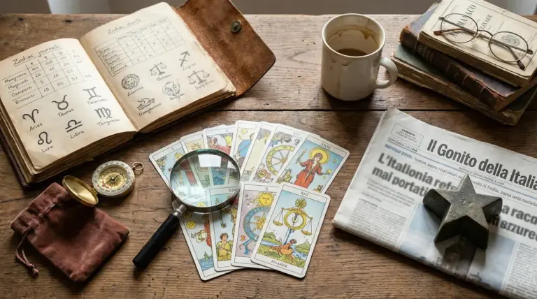 Tavolo con carte dei tarocchi, libro di astrologia, bussola e giornale