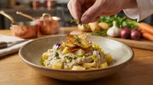 Piatto di pasta e patate gourmet decorato con fiori edibili e patate croccanti