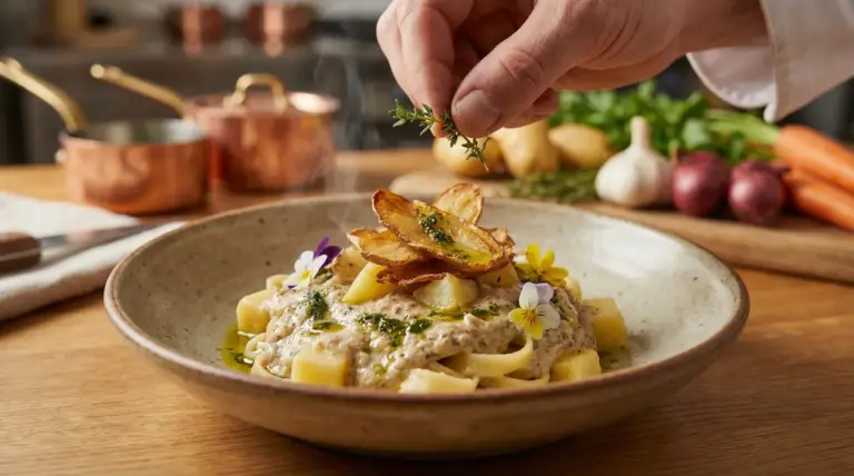 Piatto di pasta e patate gourmet decorato con fiori edibili e patate croccanti