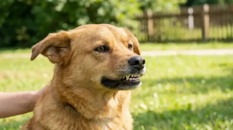 Cane con espressione ringhiante in un prato, tenuto da una persona
