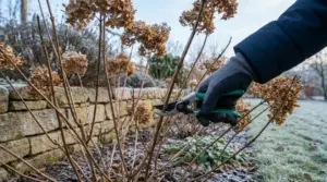 Potatura di una pianta di ortensia secca in giardino durante l'inverno