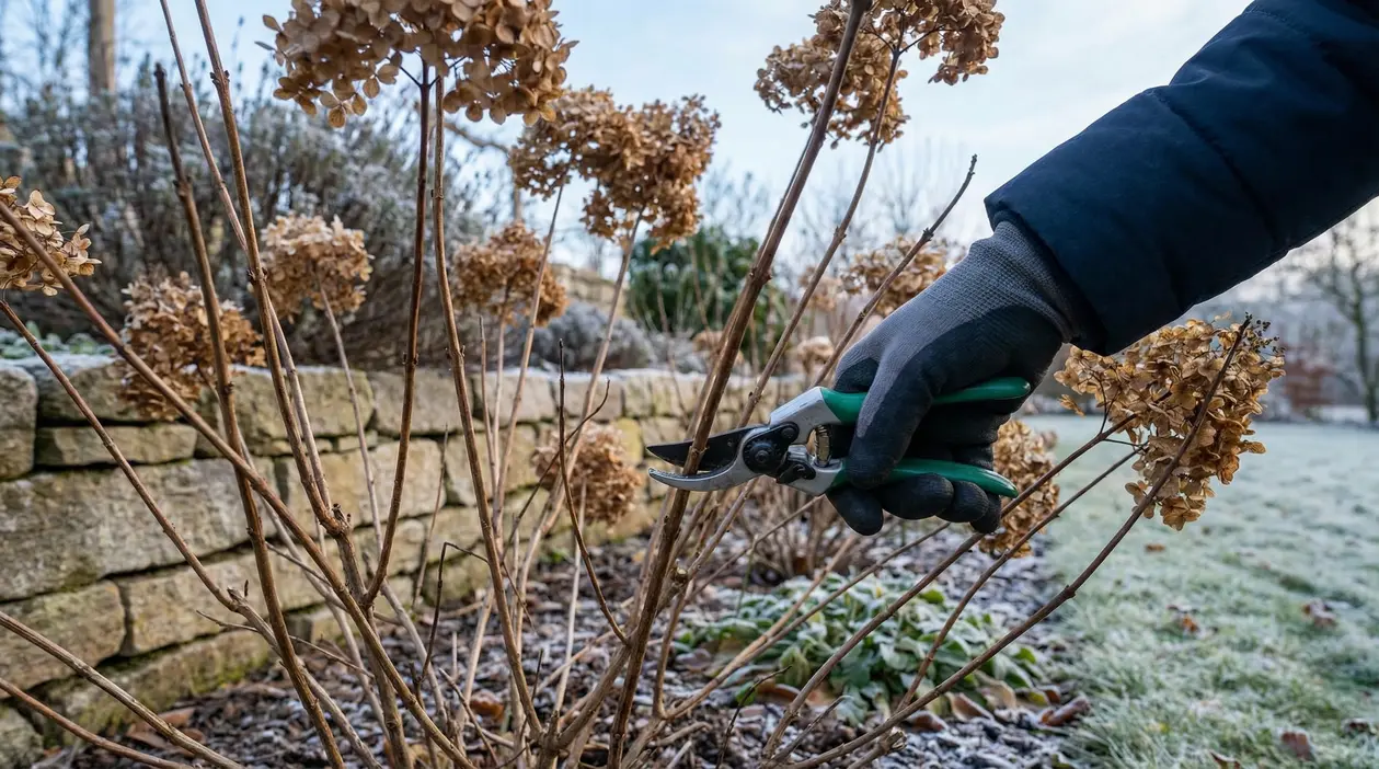 Potatura di una pianta di ortensia secca in giardino durante l'inverno