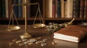 Una bilancia dorata presenta due piatti su un tavolo con monete, un taccuino e un anello