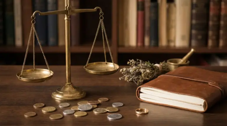 Una bilancia dorata presenta due piatti su un tavolo con monete, un taccuino e un anello