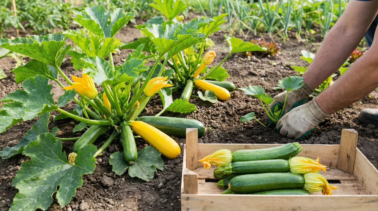 Piantine di zucchine in crescita con raccolta recente in una cassetta di legno