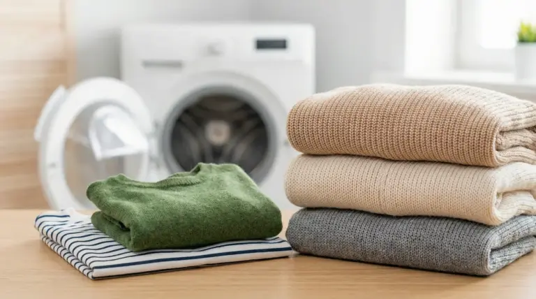 Maglioni e vestiti piegati su un tavolo davanti a una lavatrice aperta