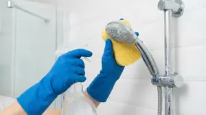 Una persona pulisce un soffione della doccia con una spugna e un flacone spray