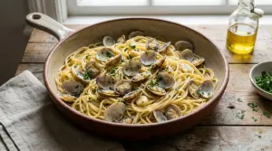 Spaghetti alle vongole cremosi serviti in una padella di ceramica su tavolo rustico