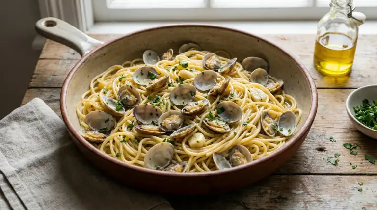 Spaghetti alle vongole cremosi serviti in una padella di ceramica su tavolo rustico
