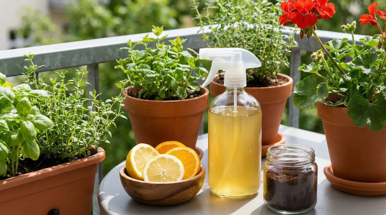 Piante aromatiche in vaso su un balcone con spray naturale e fette di agrumi