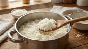 Riso cotto al vapore in una pentola con cucchiaio di legno su tavolo di legno